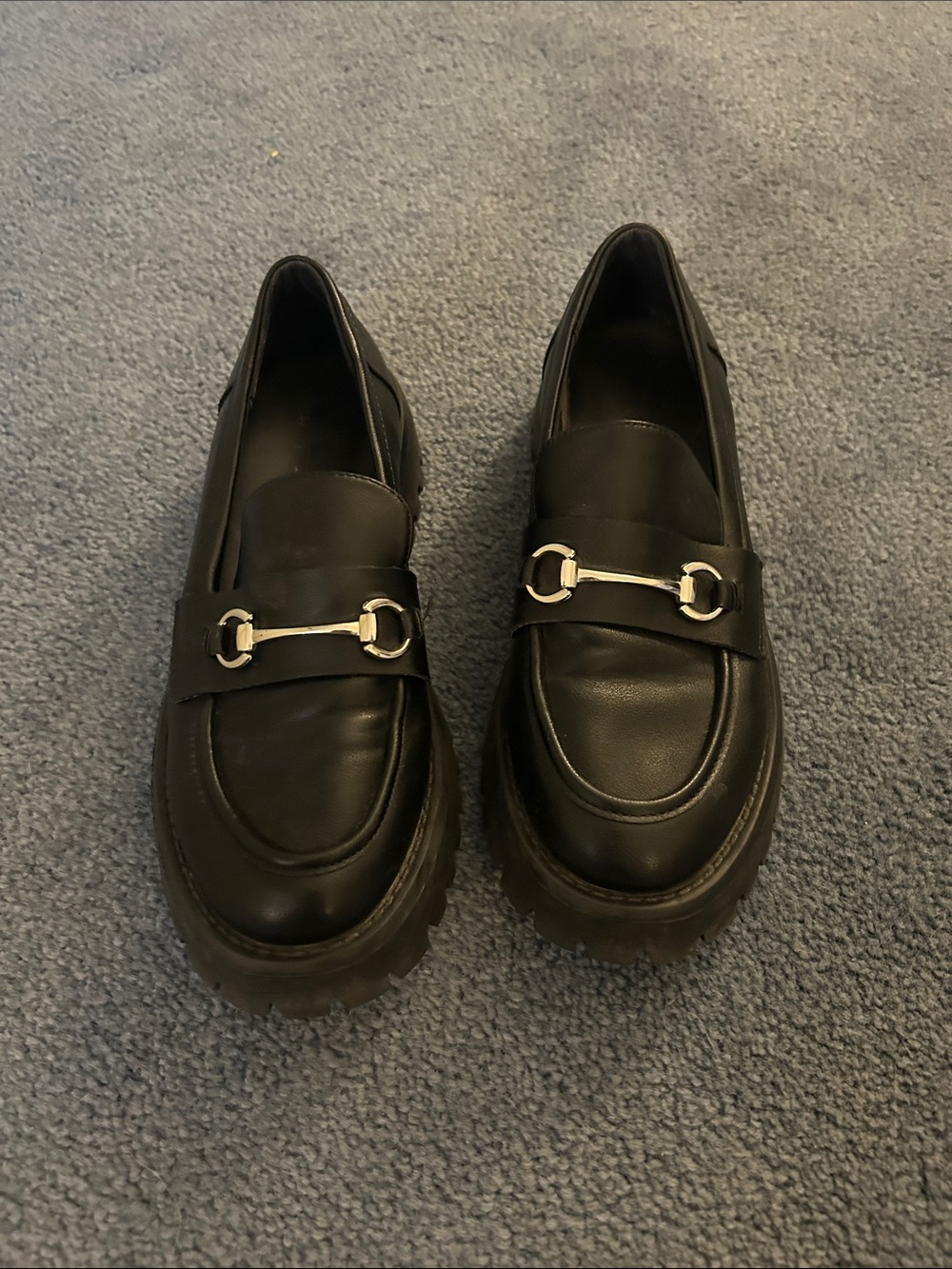 Black Leather Lug Sole Loafers with silver Horsebit